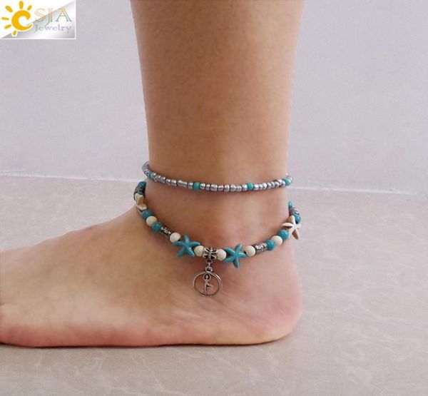 

csja foot jewelry for women 2 layers ankle bracelets yoga symbol anklet with starfish silver charms beaded beach jewellery girlfri9663531, Red;blue