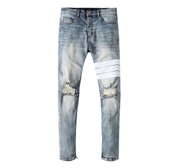 

2020mens jeans distressed motorcycle biker jeans rock skinny slim ripped hole stripe famous brand denim pants designe7771942, Blue