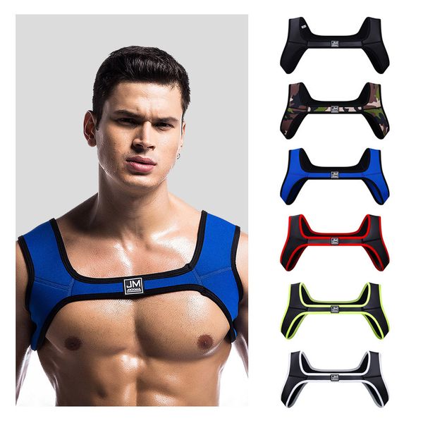 

men' tank jockmail fitness neoprene harness sports shoulder straps muscle exercise protective gear support tank gay wear 230710, White;black