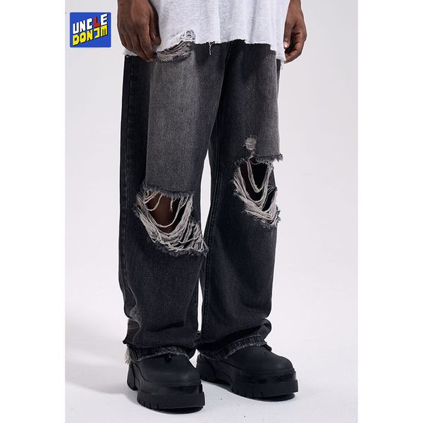 

men's jeans knee ripped jeans distressed wide leg denim casual streetwear men baggy loose fit y2k for black 230710, Blue