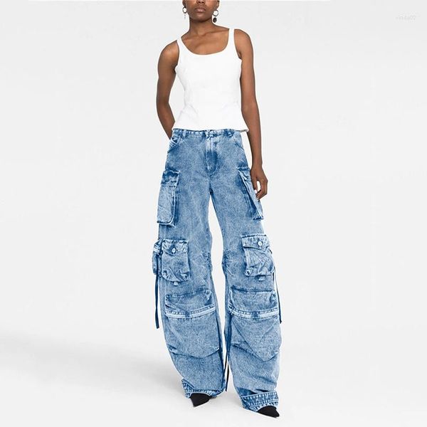 

women's jeans multi-bag street hipster fashion smoke gray patchwork overalls wash water to do old long wide leg pants, Blue