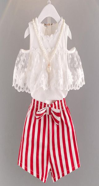 

2019 summer new korean lace shoulder with striped shorts two children039s suits one hair replacement q07012284975, White