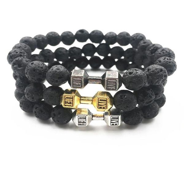 

lava bracelet black volcanic stone black matte dumbbell beads fashion bracelets for women men fitness barbell jewelry mens bracele4241190, Golden;silver