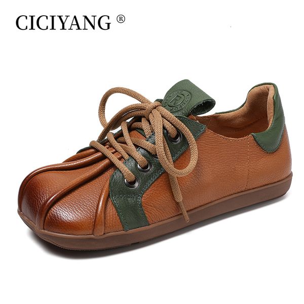 

dress shoes ciciyang flat genuine cow leather laceup soft sole 2023 spring color matching retro square toe ladies work shoe handmade 230710, Black