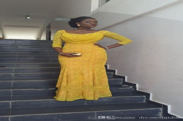 

yellow lace plus size evening dresses long sleeves design aso ebi fashion women formal evening party gowns sheath long prom dresse2594166, Black;red