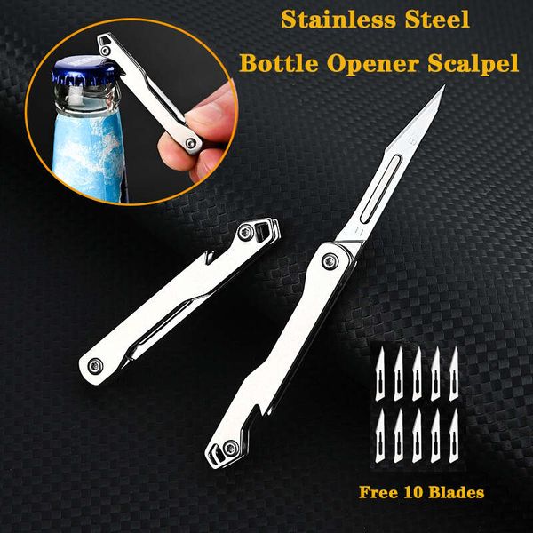 

stainless steel bottle opener scalpel folding knife high hardness mini outdoor survival camping portable edc tool 10 blade free, Silver