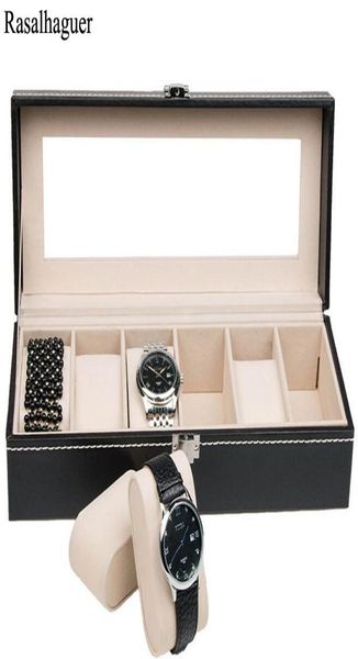 

2018 new watch box black 6 grid leather fashion box display case watch storage organizer holder jewelry box bracelet organizer4840438, Black;white