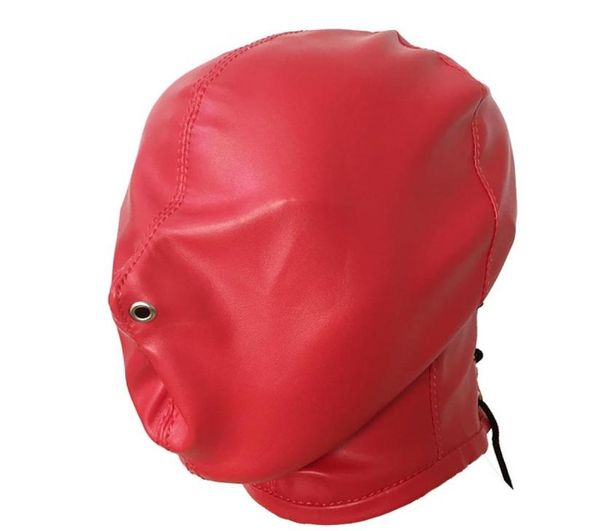 

red faux leather head bandage total enclosure gimp hood mask with nose holes fetish role play halloween costume9117264, Black;red