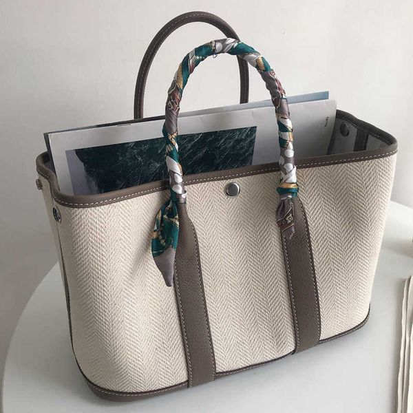 

garden party bags designer tote color contrast shopping bag garden 30cm large capacity light canvas with cowhide for womenmzs3