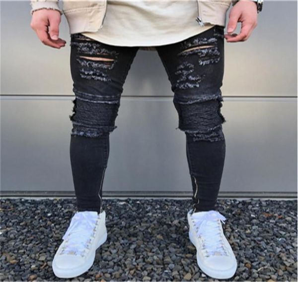 

men039s fashion microbomb slim motorcycle jeans hip hop men washed torn jeans zipper designer black jean8421977, Blue