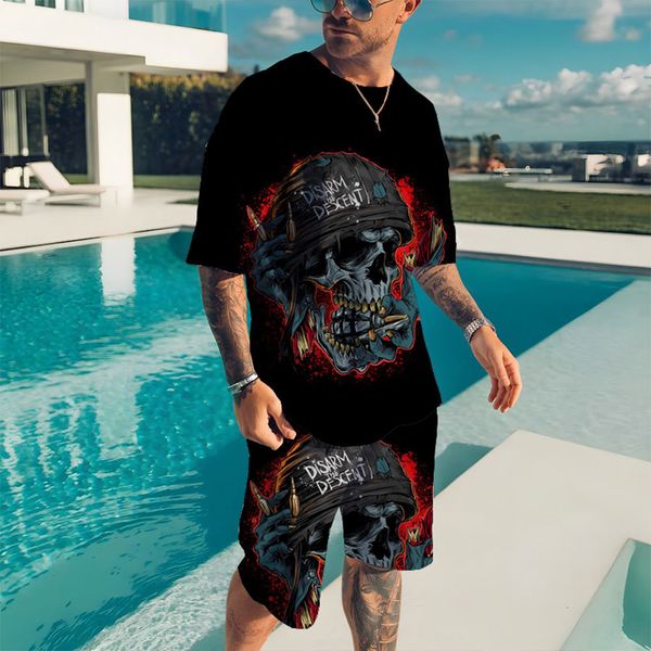 

mens tracksuits fashion retro activewear summer casual skull cool short sleeve printed sports streetwear graphic tshirt shorts set 230710, Gray
