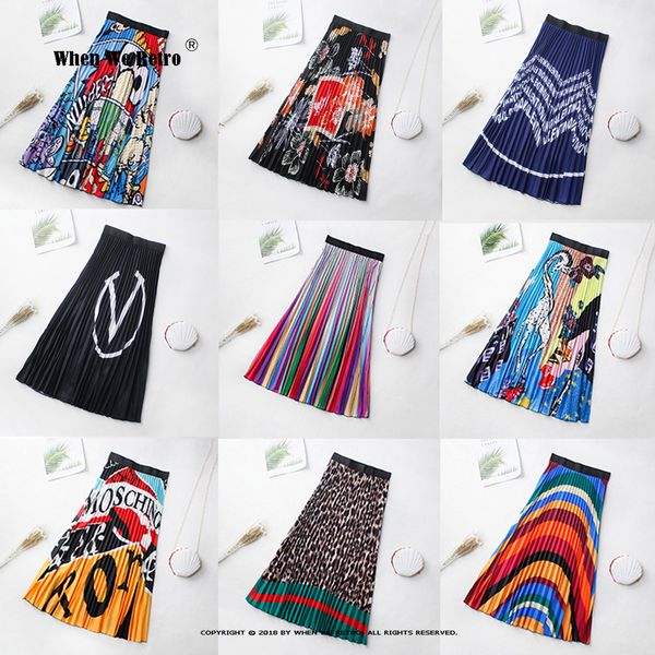 

women's jumpsuits rompers pleated skirt summer rainbow print party holiday fashion brand long skirts cartoon pattern a line midi rs026, Black;white