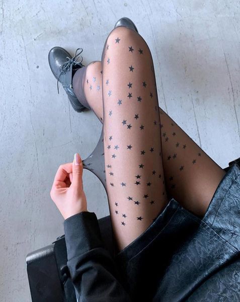 

socks hosiery black star print seamless sheer pantyhose fishnet stockings summer nylon fashion designer tights gothic iinge8934316, Black;white