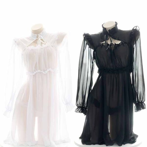 

set fashion maid cosplay translucent chiffon nightdress set semi-transparent pajamas lolita girls long sleeve homewear outfits 230710, Red;black