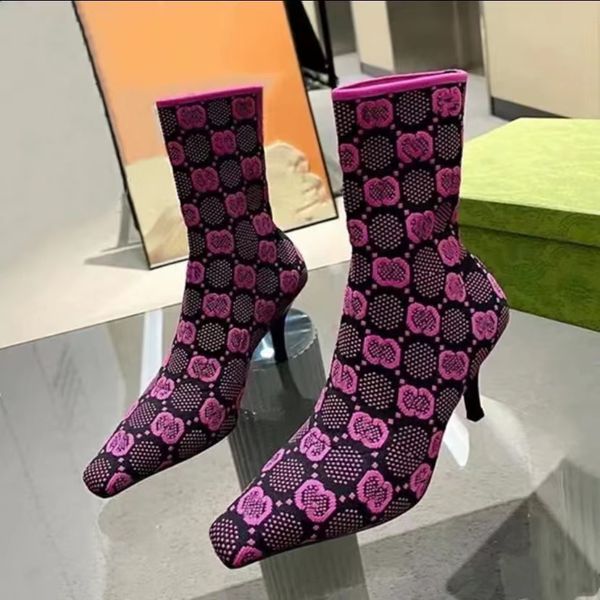 

knitting elasticity ankle boots fashion designer printing mixed colors sock shoes stretch boot half stiletto booty .5cm high heel womens bo, Black
