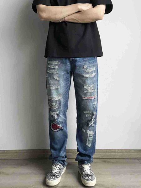

longevity second generation jeans worn out and spliced cashew blossom 501 niuwang broken patch embroidered casual pants, Blue