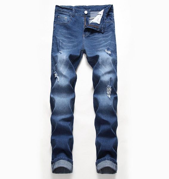 

mens ripped denim jeans stretch regular fit cowboy pants casual male streetwear holes trousers hommes jeans6039719, Blue