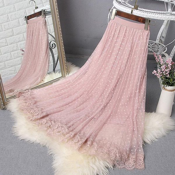 

skirts spring elegant lace patchwork midi ski women's elastic waist polka dot printed pleated ski a line long pleated ski 230710, Black