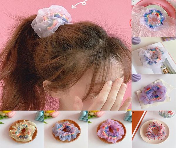 

korean sweet women elastic hair bands lace rainbow print hair ties rope girls mesh scrunchies headwear tulle hair accessories3221386, Golden;silver