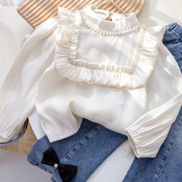 

kids shirts spring 100 cotton solid lace white blouse summer striped shirt korean baby long sleeve cute school girls blouses 230711, White;black