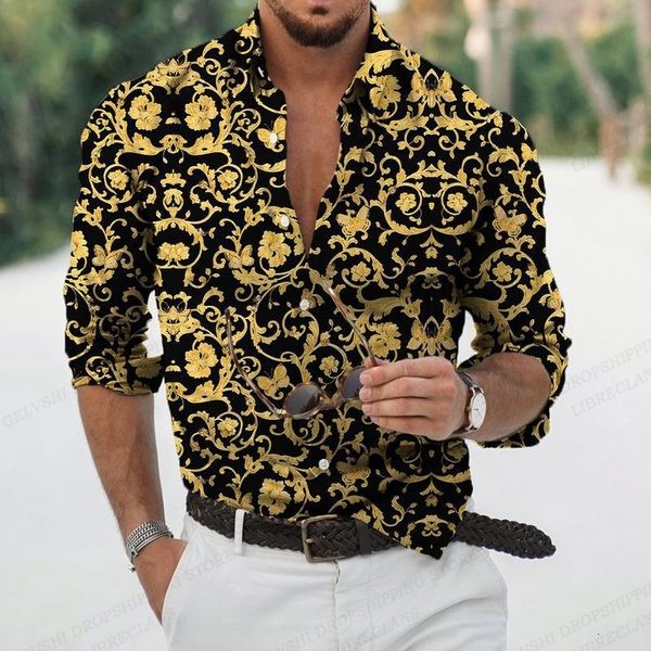 

men's dress shirts golden hawaii men fashion shirt luxury floral long sleeve beach blouse european style camisas clothing chain 230710, White;black