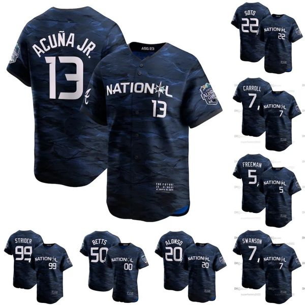 

13 ronald acuna jr national league 2023 all star jersey freddie an mookie betts nick castellanos nolan arenado juan soto strider dansby swan, Blue;black