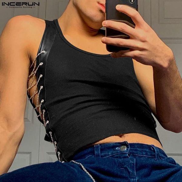

pants incerun men tank pu leather patchwork lace up fashion vests oneck sleeveless streetwear party 2023 s5xl, White