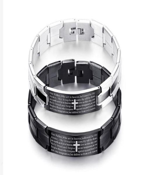 

titanium steel black cross bracelet english bible lord039s prayer charms cuff inlaid magnet bracelet for men couples gift jewel1725267