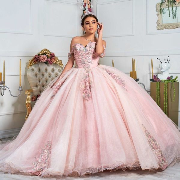 

pink sweetheart ball gown quinceanera dresses15 party fashion off-shoulder beading applique tull cinderella birthday gown, Blue;red