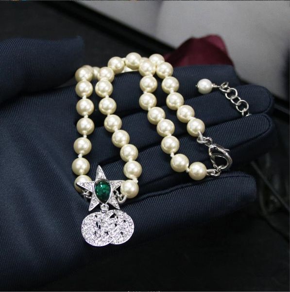 

pendant necklaces european and american fashion designer brand jewelry necklace with emerald inlaid pentagram silver full diamond pearl neck