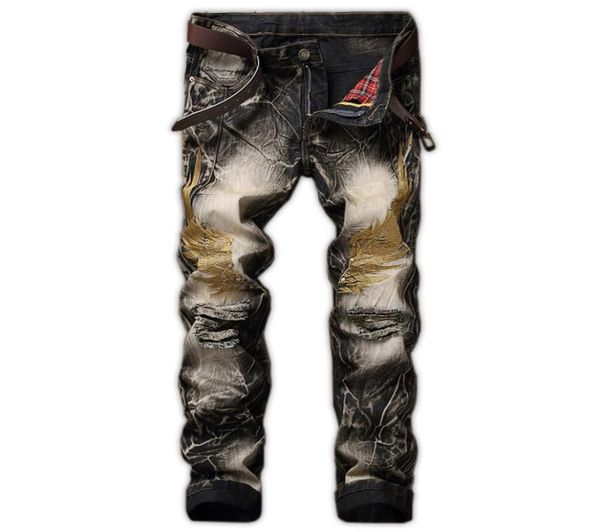 

men039s jeans 2 hole jeans men039s retro men039s pants straight slim wings embroidered skinny jeans with 206179, Blue