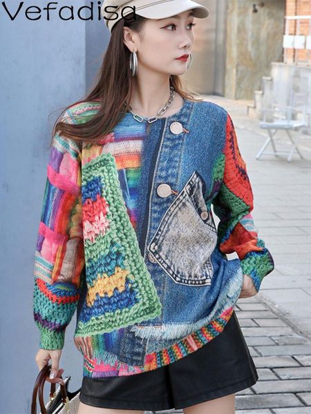 

sweaters lazy wind round neck pullover sweater loose imitation denim printing knitting sweater women's wear 2023 spring autum lhx3148, White;black