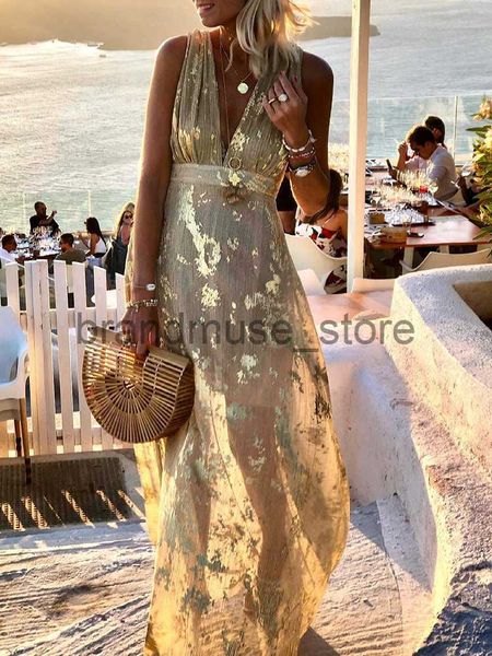 

basic casual dresses summer hollow high waist hem tank dress elegant gold print sleeveless long dress deep v neck off shoulder boho party dr, Black;gray
