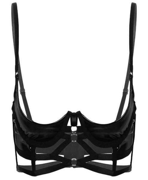 

bras womens wet look patent leather open breasted lingerie spaghetti shoulder straps quarter cup strappy underwired bra 8734517, Red;black