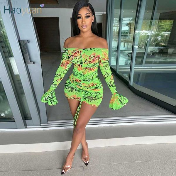 

urban dresses haoyuan print bandage mini dress flare sleeve summer beachwear outfits for women festival clothing bodycon clubwear dresses l2, White;black