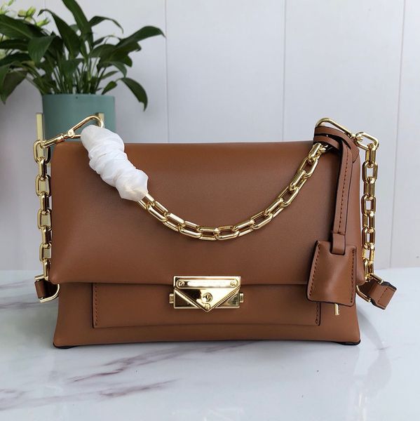 

2023 new 100% cowhide women's bag brown metal shoulder strap chain single shoulder handheld crossbody bag concealed interlayer casual f