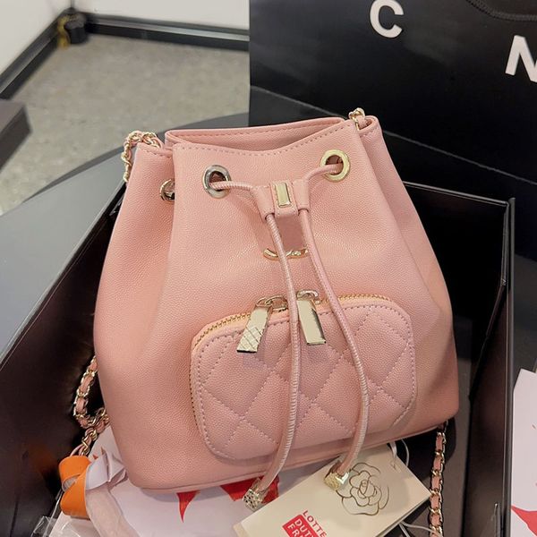 

6 colors mini drawstring women designer bucket bag caviar leather string matelasse chain zipper pocket multi pochette lady crossbody shoulde