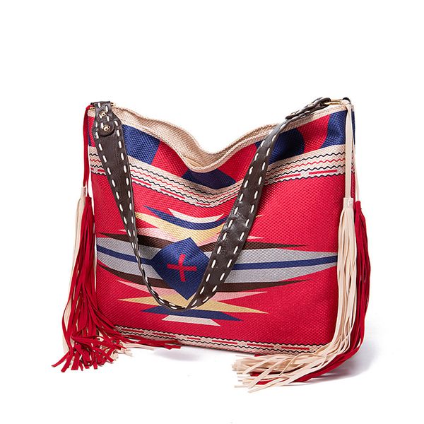 

fashion tassel tote bag large capacity portable handbags simple large bag one shoulder retro handbag vintage handmade woven flowing cotton a