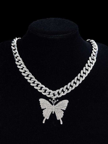 

for women men trendy punk hip hop style rock party full rhinestone gorgeous butterfly charm necklace, Silver