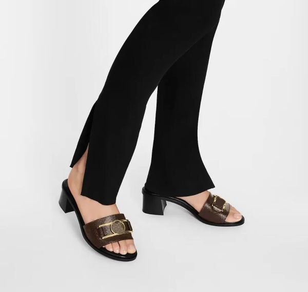 

23s lady sandals high heel lock it mule summer women sandal slipper block heel shoes luxury design genuine leather 35-42 with box, Black