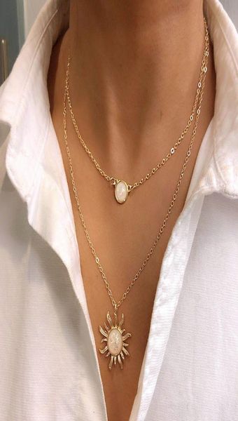 

bohemian multilayer sun flower pendant necklace women fashion opal locket clavicle chain choker alloy jewelry gift7742460, Silver