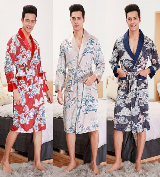 

new autumn longsleeved cartoon pattern men robe navy blue men knee silk bathrobe men039s pajamas nightgown5992411, Black;brown