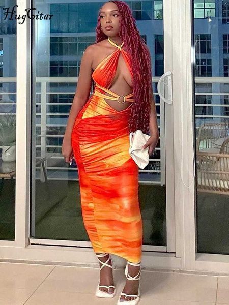 

urban dresses hugcitar women fashion tie dye halter backless hollow out lace up maxi dress summer slim vacation beach party outfits y2k l230, White;black