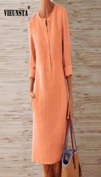 

daisy print autumn cotton linen 2020 new fashion button oneck knee party dress women long sleeve pocket dresses plus siz7687349, Black;gray