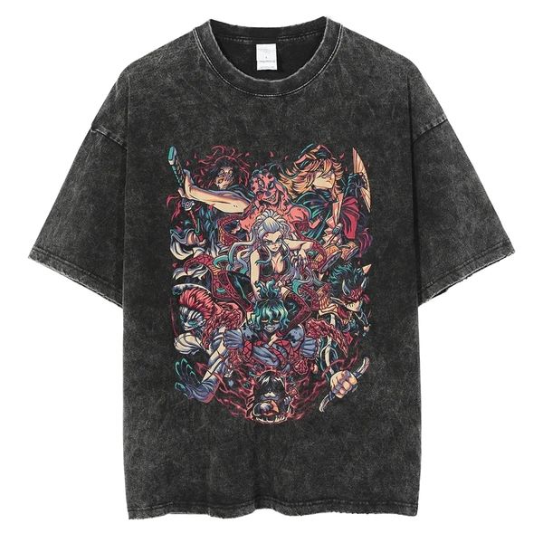 

men's tshirts anime washed tshirt demon slayer t shirt nezuko tanjirou tshirt oversized 100 cotton tshirts shortsleeved summer black 23, White;black