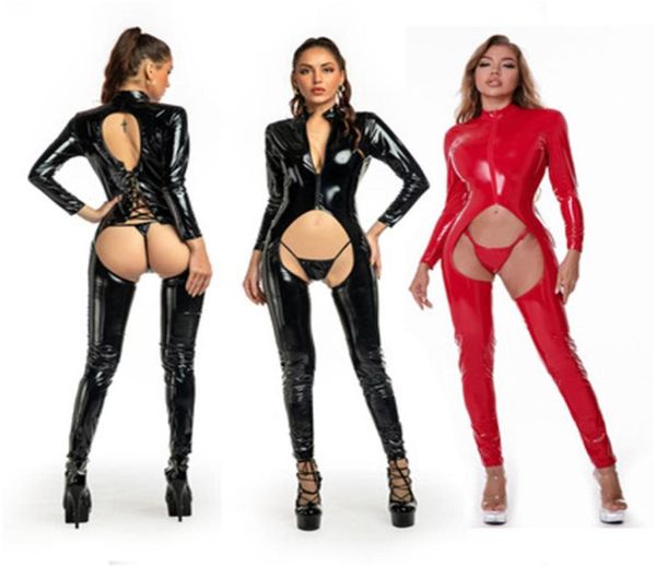 

pu leather wetlook open crotch bodysuit backless jumpsuit romper women adjustable strap lingerie porno sets6835984, Black;white