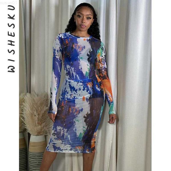 

urban dresses mesh printed casual midi dress women o neck long sleeve see through vestidos 2023 summer beach vacation fairy cover ups l23071, White;black