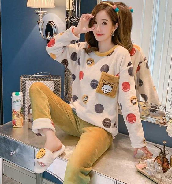 

autumn winter women pyjamas sets pajamas sleepwear suit thick warm coral flannel nightgown female cartoon animal pijama mujer 21079533001, Black;red
