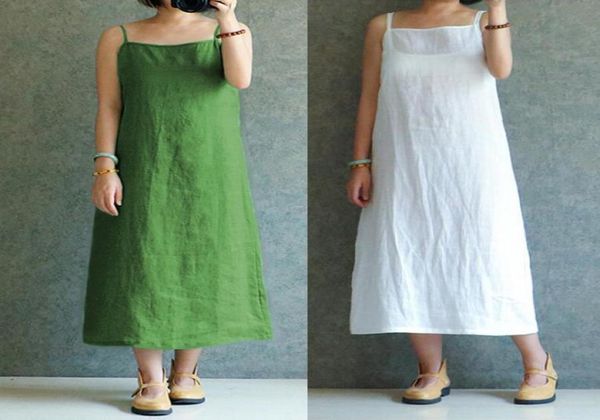 

celmia summer retro linen dress women spaghetti straps casual loose midi dresses solid beach sundress vestidos plus size3868242, White;black