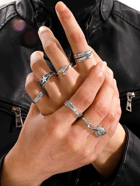 

7pcs/set men star bird decor ring for jewelry gift and party, Silver
